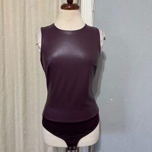 Express Body Contour Bodysuit Medium Burgundy Faux Leather Sleeveless Minimalist